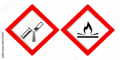 Two ghs hazard pictograms one for corrosive substances and one for flammable materials shown side by side