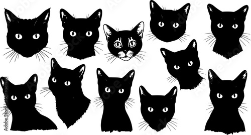 Set of black cats looking out of the corner. Collection of cat faces that spy on you. Playing pets. Tattoo.