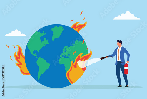 Vector illustration of a businessman using a fire extinguisher to put out flames on the globe, symbolizing climate change, global crisis, and efforts to save the planet
