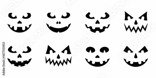 Collection of eight black and white halloween pumpkin faces with various expressions and carved features