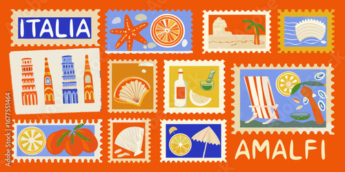 Collection of charming italian themed postage stamps featuring landmarks food and coastal scenes