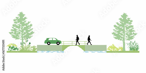 Stylized illustration of a green car and two pedestrians crossing a bridge over a stream with trees and foliage