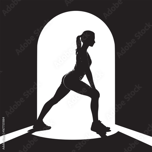 Silhouette of a woman stretching in front of a bright doorway with dark surrounding walls