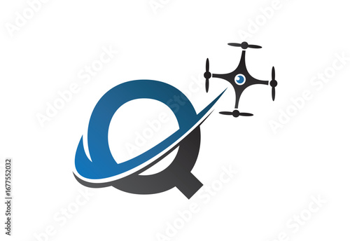 Latter Q drone logo design template with blue and gray color
