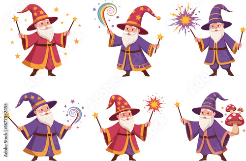 Cartoon wizards with magic wands, fantasy spell casters, colorful costumes, enchanted characters, wizard illustration set, magical power themed design