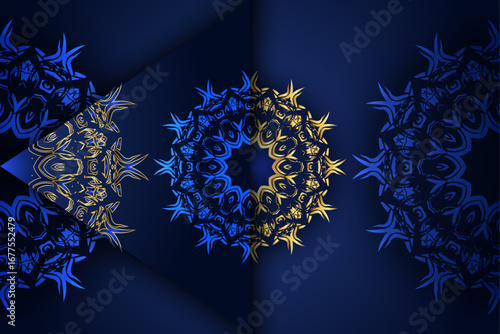 Decorative glowing mandala artwork with intricate floral petals in blue yellow and white symmetrical design on dark background abstract digital piece for meditation and calming decor