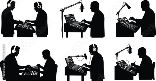 Audio engineer silhouette, podcast recording, sound mixer, laptop production, music editing, microphone setup, DJ mixing, studio workspace, creative audio production