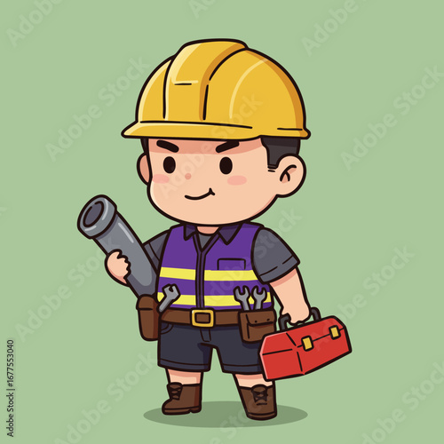 Construction worker cartoon character holding pipe and toolbox with yellow helmet and purple vest vector illustration 