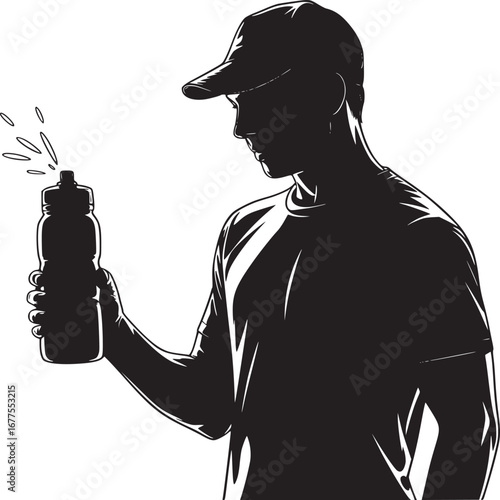 Silhouette of a man in a cap holding a water bottle with water droplets in a black and white image