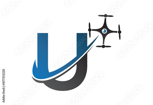 Latter U drone logo design template with blue and gray color