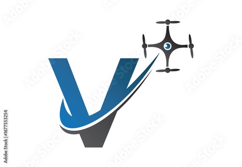 Latter V drone logo design template with blue and gray color
