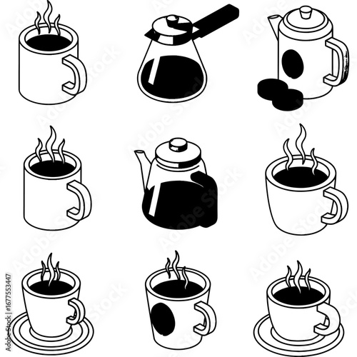 An illustrative collection depicting various coffee brewing vessels and hot beverage cups with steam, emphasizing the daily ritual of warmth and comfort