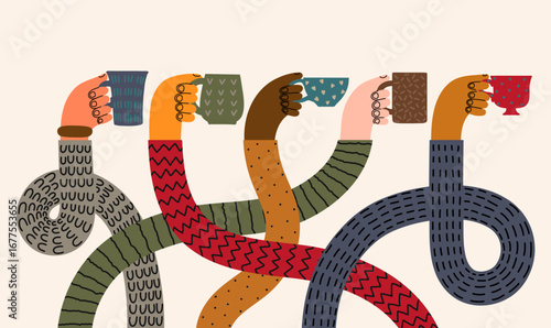 Hands holds cups of tea, or coffee. Hand drawn doodle illustration.