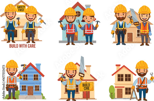 Cartoon construction workers building houses, safety first characters, home improvement builders with tools, teamwork, professional contractors, architecture labor illustration