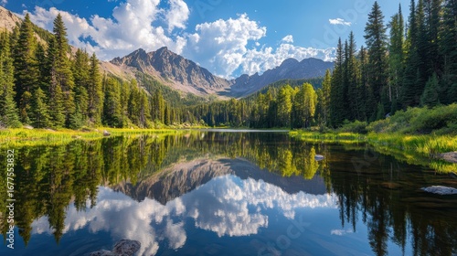 A serene mountain lake reflects towering peaks and lush forests under a clear blue sky, creating a picturesque natural landscape.