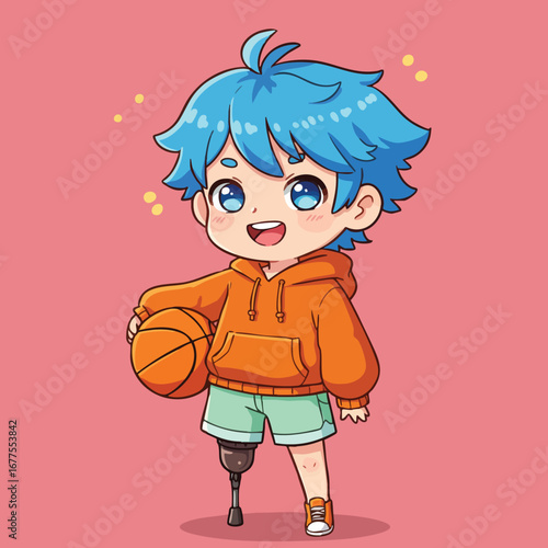 Young boy with blue hair playing basketball wearing orange hoodie and prosthetic leg vector illustration 