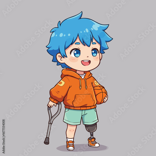 Child with blue hair holding basketball and using crutches with prosthetic leg vector illustration 