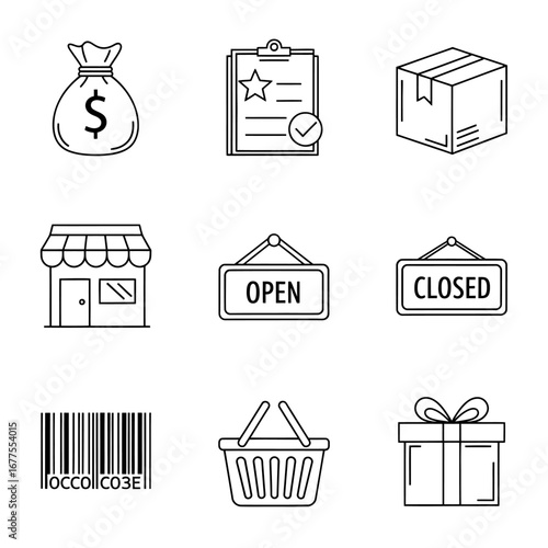A collection of thin line icons representing e-commerce, retail, and business concepts