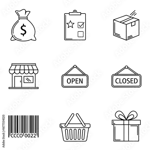A collection of thin line icons representing e-commerce, online shopping, and retail business concepts