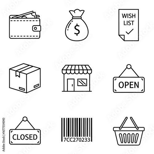 Set of Online Shopping Icons Wallet, Shopping Bag, Wishlist, Box, Store, Open/Closed Signs, Barcode, and Basket
