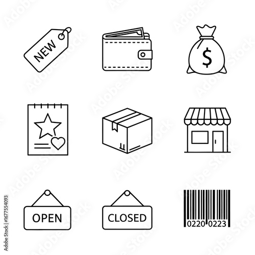 A comprehensive collection of linear vector icons representing essential elements of online shopping, retail business, and consumer commerce activities