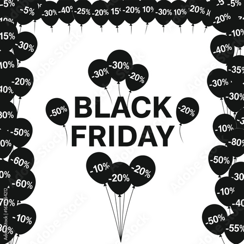 Black Friday sale promotion with balloons displaying various discount percentages for shopping.