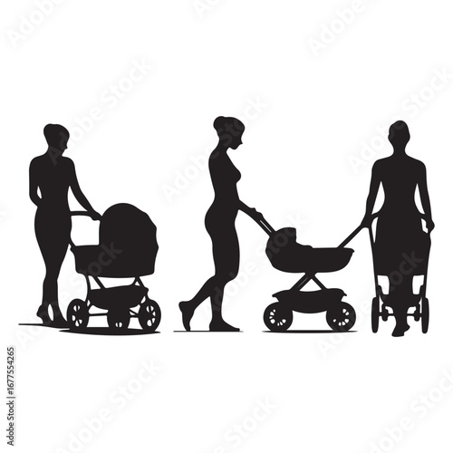 Three women silhouettes pushing baby strollers on a white background woman pram