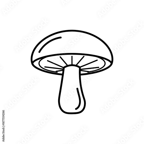 A simple mushroom line icon illustration. A minimalist black and white outline drawing representing a fungus concept for a logo or graphic design element