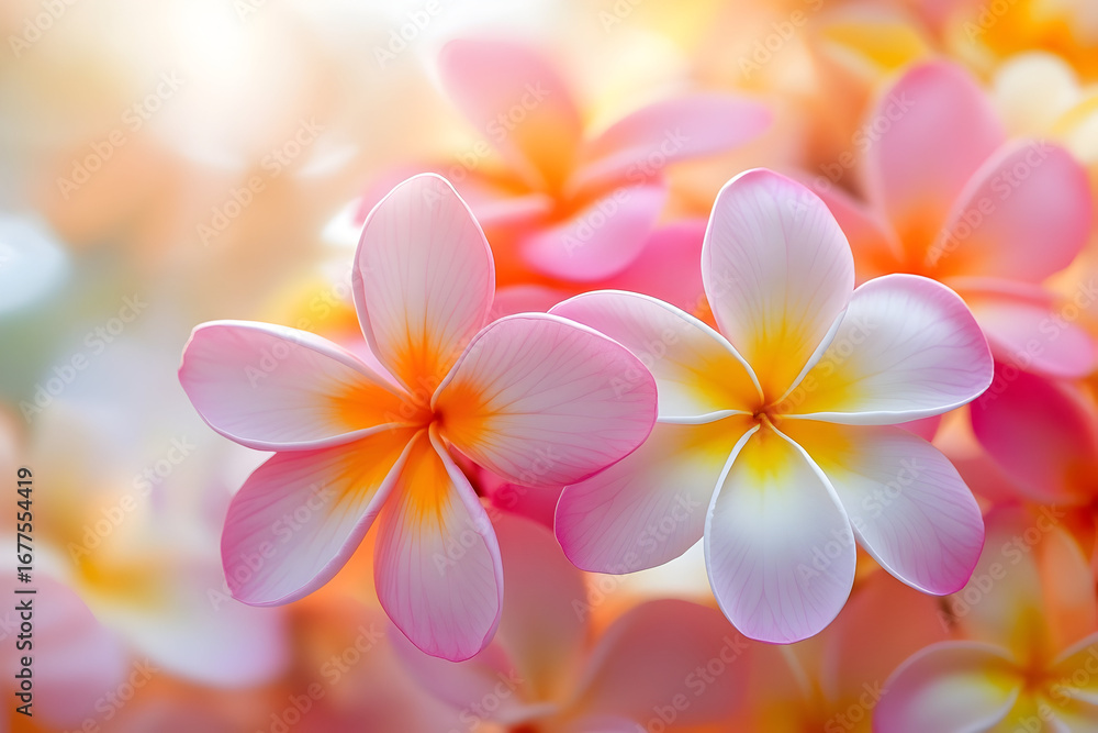 Naklejka premium Close-up of plumeria flowers in pink and orange hues