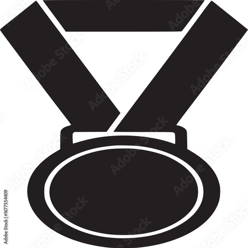 A black and white illustration of a medal hanging from a ribbon against a white background simple design