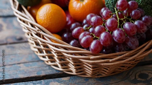 wicker basket overflowing with healthy assortment of fresh organic fruits and vegetables