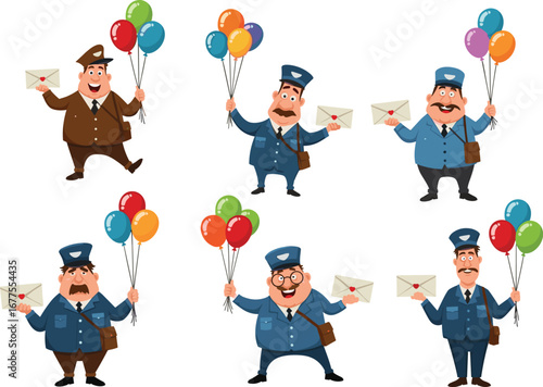 Funny cartoon postmen holding letters and balloons, postal delivery service characters, happy mail carriers, vintage uniform, mailman illustration set