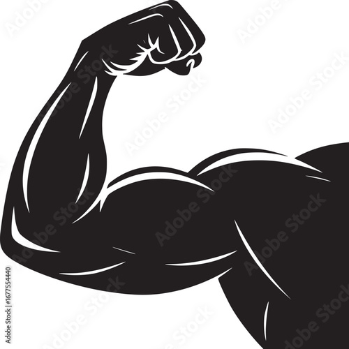 A black and white illustration of a muscular arm flexing its bicep on a plain white background