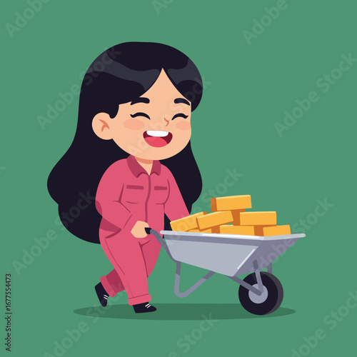 Woman pushing wheelbarrow with bricks construction worker in pink uniform vector illustration 