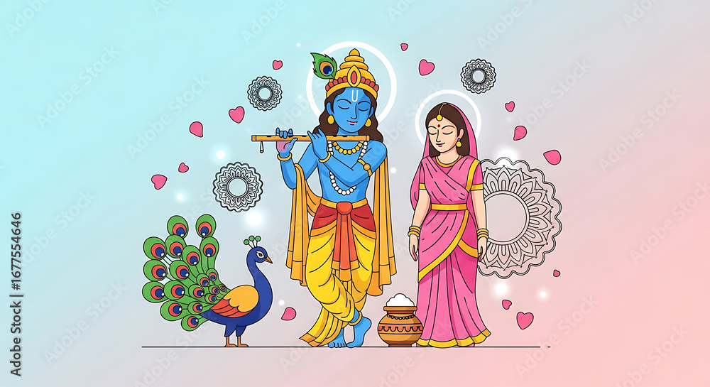 Naklejka premium Krishna and Radha, a celebration of divine love with a peacock illustration