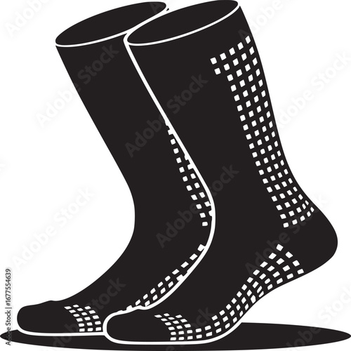 Illustration of two black socks with white square patterns on a white background in a simple style