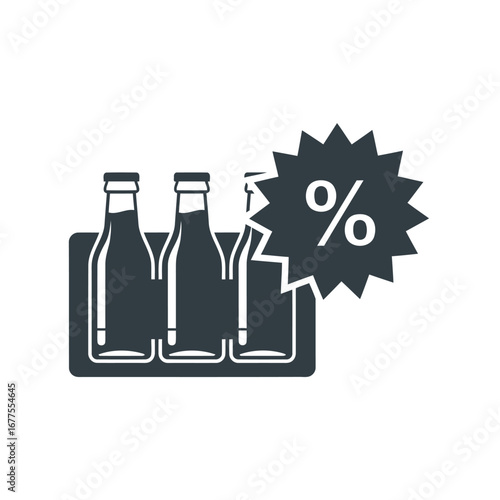 Bottles in a package with a percentage symbol, representing a discount or sale.