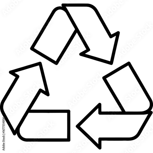 Minimalist black outline drawing of the universal recycling symbol, representing environmental protection, waste reduction, and sustainable living practices