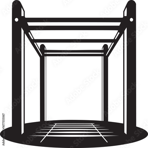 A monochrome illustration of a black metal structure with horizontal bars and a grid on the ground