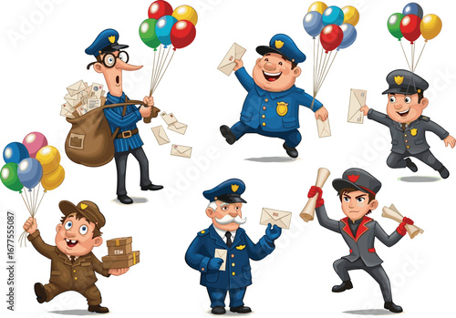 Cartoon postmen and mail carriers delivering letters with balloons, postal service characters, funny courier workers, happy mail delivery scene