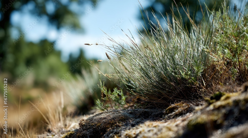 Fototapeta premium Close-up of a cluster of vibrant green and light brown grasses growing from a textured, earthy bank against a soft, out-of-focus backdrop of taller grasses and trees.