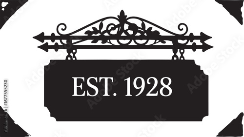 Ornate Signboard with EST 1928 Text and Decorative Scrollwork est 1928 established