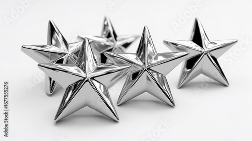 Shiny chrome silver metallic stars arranged on a clean white background, perfect for festive, decorative, or design use.