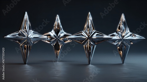 Shiny chrome silver metallic stars arranged on a clean white background, perfect for festive, decorative, or design use.