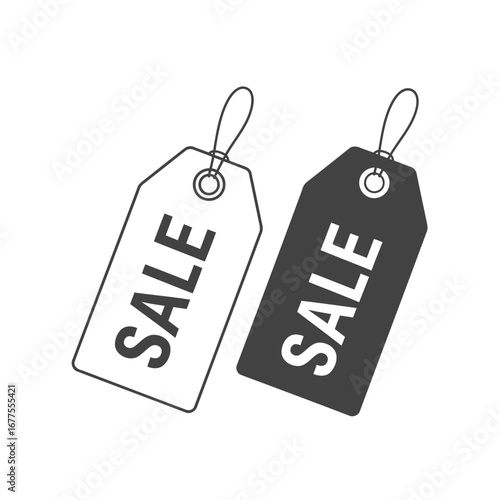 Two retail sale tags, one black and one white outline, with the word SALE, isolated on a white background.