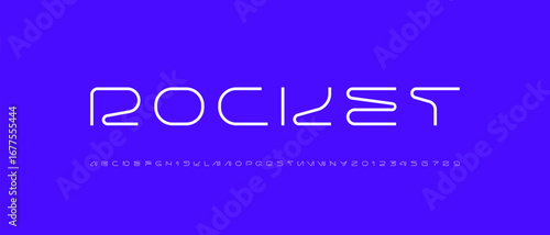 Technical wide thin future font, new digital cyber alphabet, trendy white uppercase letters from A, B, C, D, E, F, G, H, I, J, K, L, M, N, O, P, Q, R, S, T, U, V, W, X, Y, Z and numbers from 0, 1, 2, 