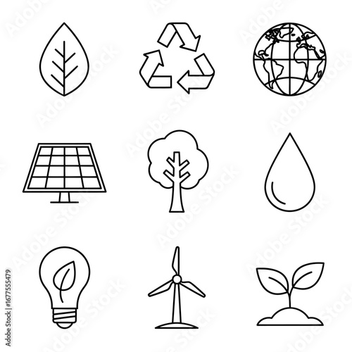 Collection of linear icons representing environmental protection, renewable energy sources, and sustainable living concepts for a greener future