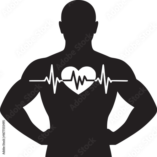 Silhouette of muscular man with heart and heartbeat line on chest in black and white design