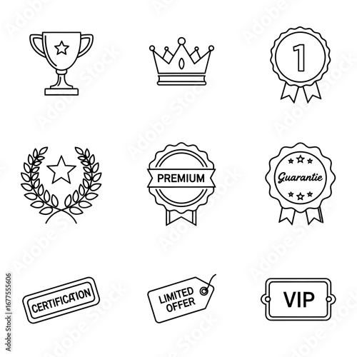 Collection of Line Art Icons Representing Awards, Quality Badges, Certification, and Exclusive Status for Business and Marketing Graphics