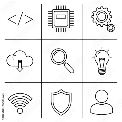 A comprehensive collection of line art icons for technology, web development, and security concepts